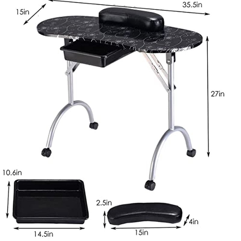 Giantex Portable Manicure Table, Foldable Nail Tech Table with Large Drawer, Wrist Rest, 4 Lockable Casters, Carrying Bag, Nail Salon Table Nail Desk Station for Technician, Black
