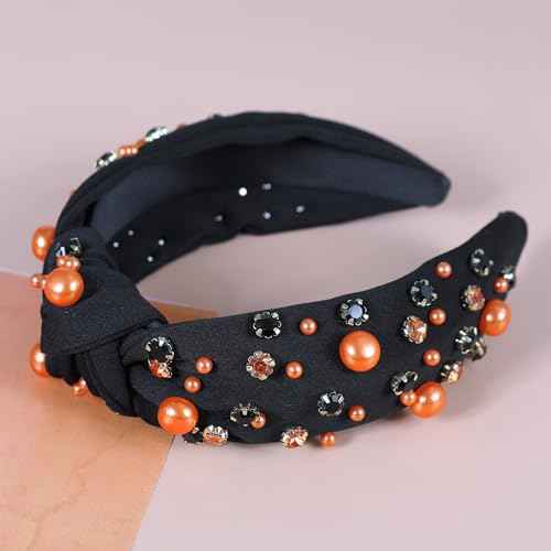 Halloween Pearl Knotted Headbands for Women Sparkly Beaded Crystal Embellished Headband Wide Top Knot Black Pumpkin Hairband Fancy Girls Halloween Hair Accessories Outfits