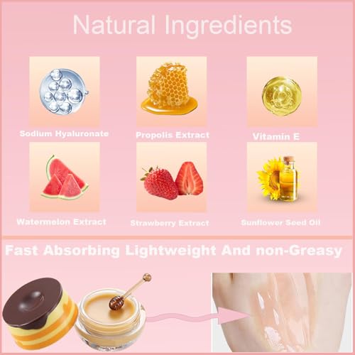 4 PCS Bee Lip Balm Honey Pot, Honey Strawberry Cherry Coconut Sleeping Lip Mask Overnight with Sticks, Exfoliating Prevention Dry and Crack Lip Scrubs