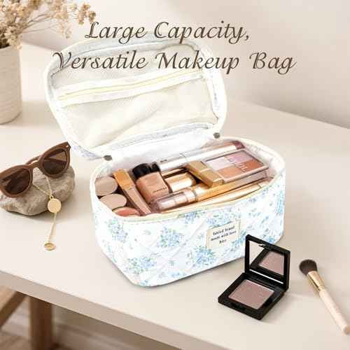 Large Travel Quilted Makeup Bag for Women, Floral Cotton Cosmetic Bag Cute Coquette Aesthetic Floral Toiletry Organizer Bag for Girls Little Blue Rose Cosmetic Zipper Storage Bag
