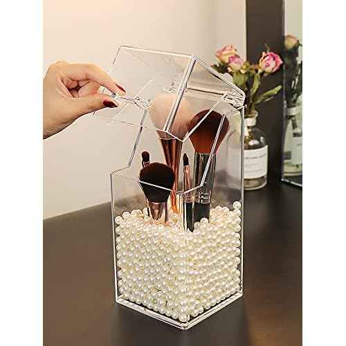 Sooyee Makeup Brush Holder,Makeup Brush Organizer with 8mm White Pearls,Dustproof Makeup Brush holder with Lid
