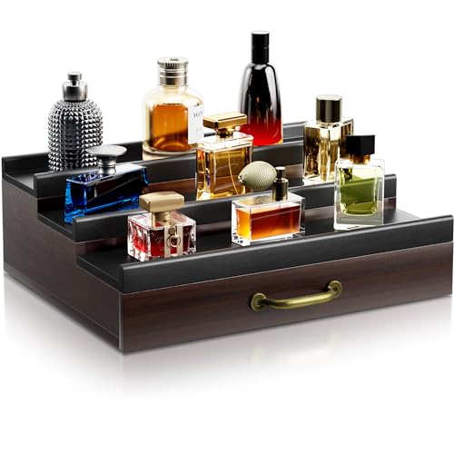 Cologne Organizer for Men,Wooden Perfume Organizer with Hidden Compartment and Drawer,Cologne Stand and Storage Display Risers for Dresser,Great Gift for Men/Friend£¨DarkBrown£©