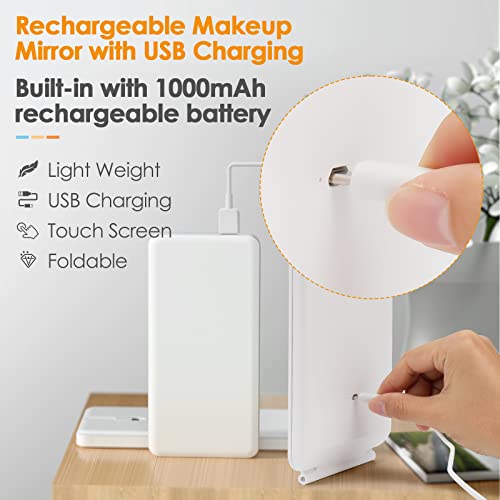 Rechargeable Travel Makeup Mirror 72 LED Lighted Compact Slim Vanity with Lights 3 Lighting Modes Dimmable Touch Screen (White),(DenCert)