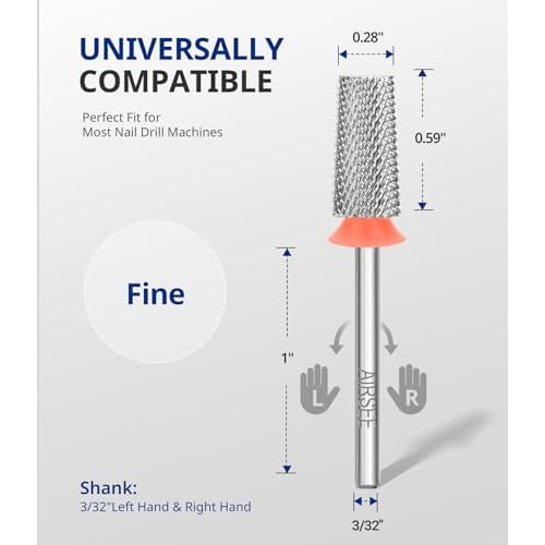 AIRSEE Tungsten Carbide Acrylic Nail Drill Bit Efile Electric File Machine Head Tip for Manicure Polishing Art Remove Gel 3/32" 2 Way Professional Tech Flat Top Tapered Barrel Fine-F
