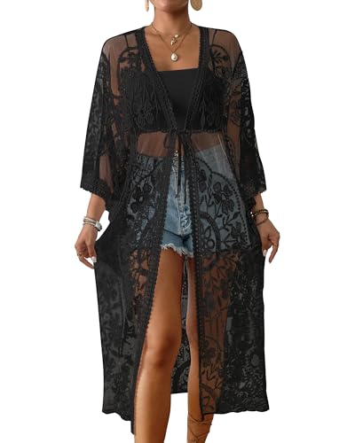 Bsubseach Lace Long Kimonos Women Boho Duster Cardigans Swimsuit Beach Open Front Coverup Sheer Robe Bathing Suit Cover Up Black