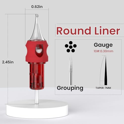 Wormhole Tattoo Cartridge Needles, 50pcs Mixed Sizes Disposable Finger Ledge Tattoo Needles #10 Standard 3RL 5RL 7RL 9RL 11RL Round Liner for Tattoo Machine Tattoo Gun Tattoo Supplies