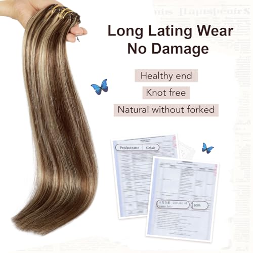 XDhair Clip In Hair Extensions Remy Human Hair 100g 6Pcs Medium Brown #4 Mixed to Caramel Blonde #27 Clip In Real Hair Extensions Silk Stright (#4P27,14Inch)