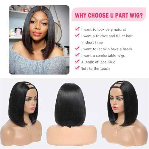 U Part Wig Human Hair Straight Bob Wigs For Women Brazilian Remy Hair Short Bob Human Hair Wigs Clip in UPart Wig Human Hair Natural Black Color 8 Inch