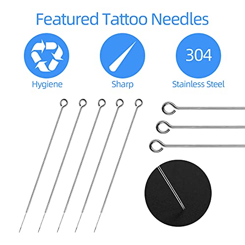 Tattoo Needles and Tips Set, 100pcs Disposable Mixed Assorted Sterilized Tattoo Needles and Tips, 5pcs of each-3rl 5rl 7rl 9rl 3rs 5rs 7rs 9rs 5m1 7m1 3RT 5RT 7RT 9RT 3DT 5DT 7D