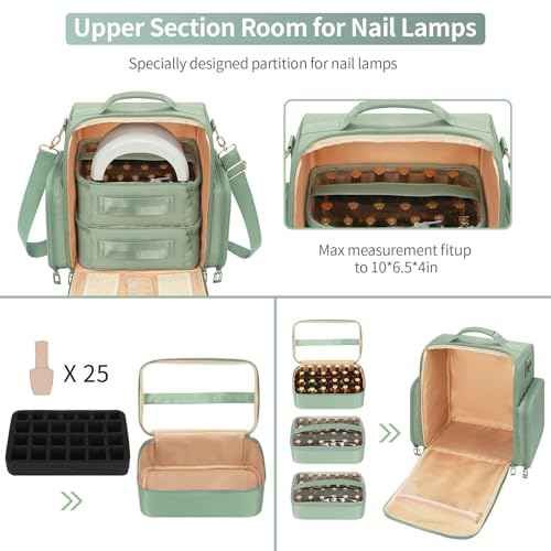 OCHEAL Nail Polish Organizer, Holds Nail Lamp and 75+ Bottles, Nail Organizers and Storage Holder Case with 3 Individual Bags Fit Manicure Tools Manicurist Travel Carrying kit -Green