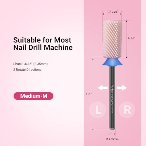 MelodySusie Ceramic Nail Drill Bits, 3/32'' Chamfer Flat Top Large Barrel Bits, Fast Remove Acrylic or Hard Gel, Nail Tool for Manicure Pedicure, Salon Home, Professional or Beginner, Pink, Medium