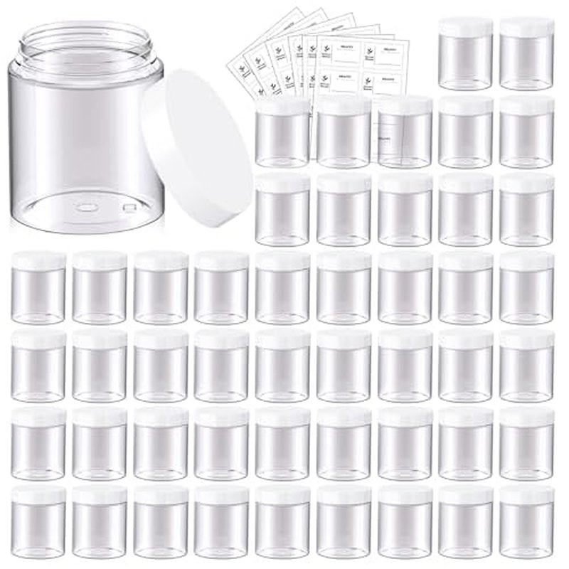 48 Pack 8 OZ Plastic Jars Round Clear Cosmetic Container Jars with White Lids, Eternal Moment Plastic Slime Jars for Lotion, Cream, Ointments, Makeup, Eyeshadow, Rhinestone, Samples, Travel Storage