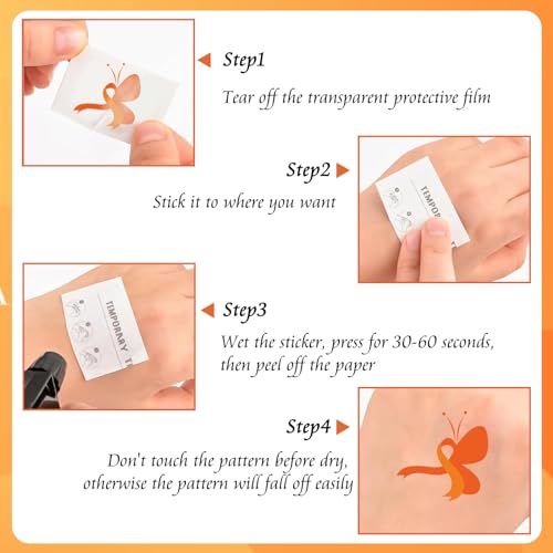 WANDIC 30 Sheets Orange Ribbon Temporary Tattoos, Leukemia Awareness Tattoo Sticker Lymphoma Kidney Cancer Awareness Stickers for Charity Eveny