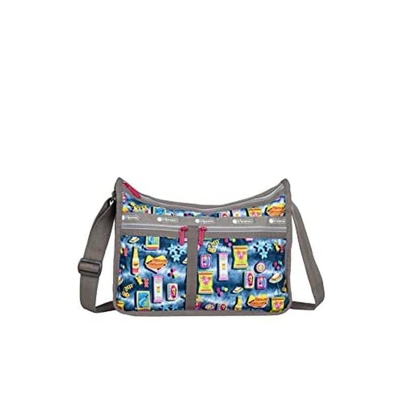 LeSportsac Beach Snacks Deluxe Everyday Crossbody Bag + Cosmetic Bag, Style 7507/Color F949, Vibrant Pop Art Style Beachy Graphics: Hot Dogs, French Fries & Tropical Drinks, Unique Hot Pink Zip Pull