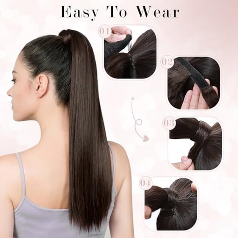Ponytail Extensions Human Hair Long Ponytail Hair Extensions with Magic Paste Wrap Around Clip in Ponytail Extensions Real Human Hair,18inch #12P613 Golden Brown mixed Bleach Blonde,90g