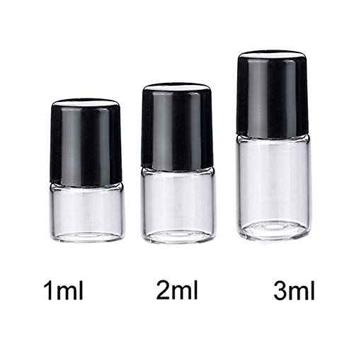 Essential Oils Roller Bottles - 50Pcs 2ml (5/8 Dram) DIY Mini Refillable Travel Glass Roll On Bottles Perfumes Aromatherapy Cosmetic Sample Vials Jar Containers, 1Pc 3ml Dropper (Clear, Black Cap)