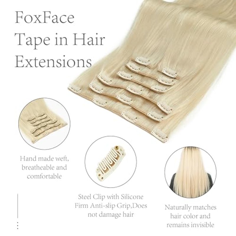 FoxFace Clip in Hair Extensions Real Human Hair, Thick Extensions from Root to Tip, Natural Hair Clip Ins, Platinum Blonde, 24 Inch 120g 7Pcs