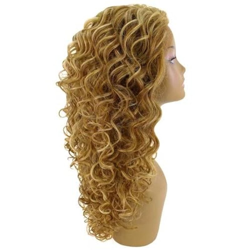 LUXLUXE Mariah Curly 16 Inch Long 7x4 Hand-Tied Lace Front Wig, Heat Resistant Fiber, 20+ Shades of Natural, Dip Dyed, & Blended Colors (#P2763 - Blonde Blend)