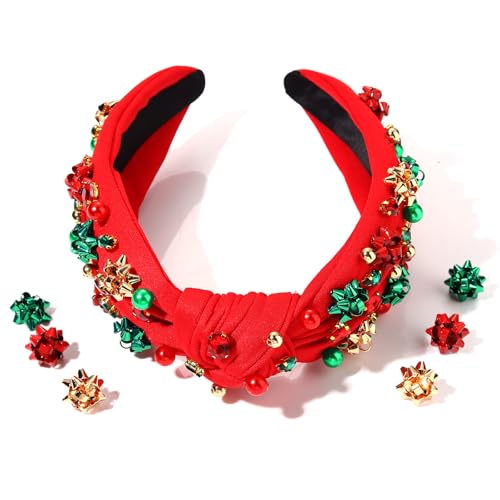 Christmas Headbands for Women Xmas Bow Tree Snowflake Headbands Jeweled Crystal Pearl Knotted Headband Holiday Hair Accessories Party Gifts (Xmas Bow 2)