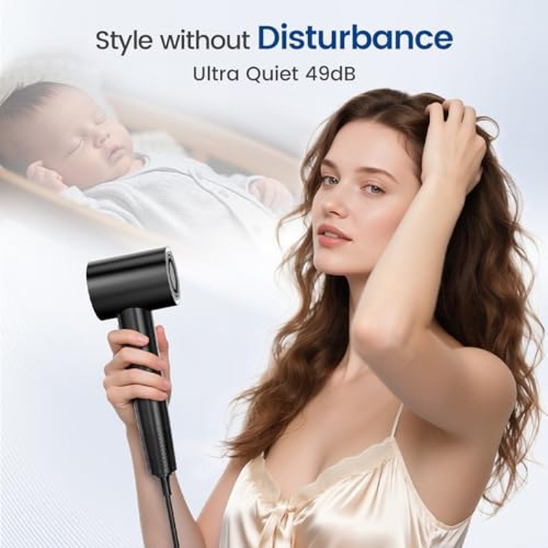 Hair Dryer with 150000 RPM High Speed 1400w Motor for 1-5min Fast Dry, 3 Heat/Cool Wind Level & 49db Low Noise,1.5 Billion Plasma & Industry-Leading Strong Magnetic Nozzle Diffuser Travel Blow Dryer