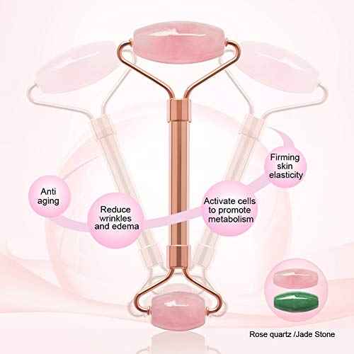 2 Pack Jade Facial Roller & Rose Quartz Face Roller for Wrinkles and Puffiness, Natural Jade Stone Face Massager Roller