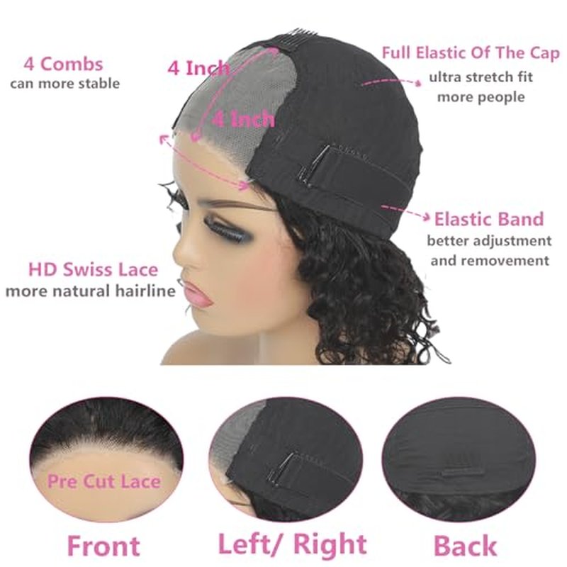 Glueless Wigs Human Hair Pre Plucked Pre Cut Deep Wave Lace Front Wigs 4x4 Closure Wigs 150% Density Natural Black Color (26 Inch)