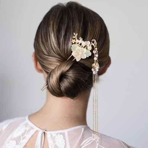 5PCS Orchid Flower Tassels Hairpin, Crystal Rhinestone Pearl Hair Clips Headpiece Retro Chinese Hanfu Floral Wedding Brides Hair Accessories Jewelry for Women Girls Updo Long Hair