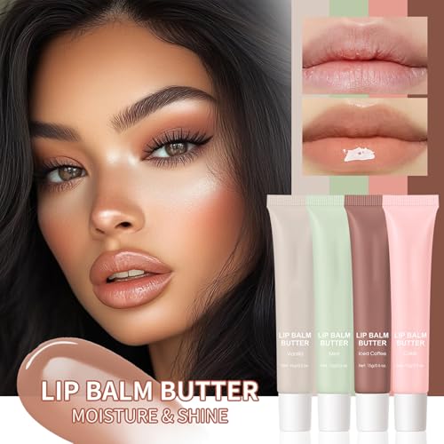 4 PCS Lip Glossy Butter Balm Set, Shine & Hydration - Sheer-Tinted-Long-lasting Non-Sticky Lip Balm,Soften Dry Lips and Lip Care