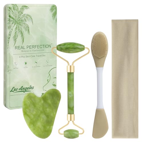 Real Perfection Gua Sha Facial Tools Face Roller for Wrinkles Jade Roller and Gua Sha Set, Scrubber Pore Brush Headband Skin Care Tools for Travel Skincare Routine Massaging Reducing Puffiness - Green