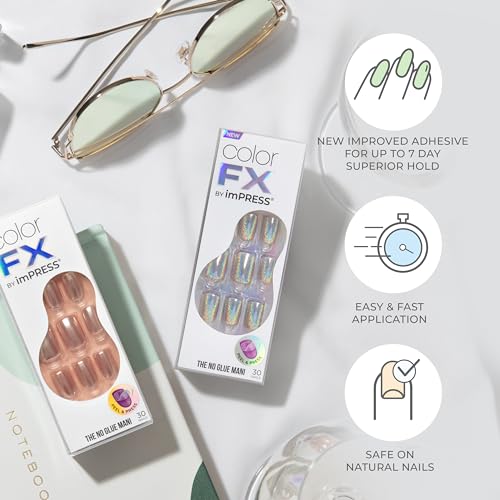 KISS imPRESS No Glue Mani Press On Nails, Color FX, 'Better Things', Dark Green, Short Size, Squoval Shape, Includes 30 Nails, Prep Pad, Instructions Sheet, 1 Manicure Stick, 1 Mini File