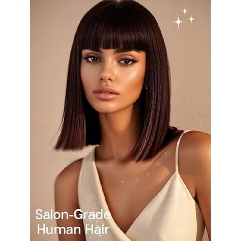 Bob Wig Human Hair 210% Density Bob Wig with Bangs 100% Human Hair Wigs for Black Women Pre-Bleached Glueless Straight Bob Wigs(12Inch)