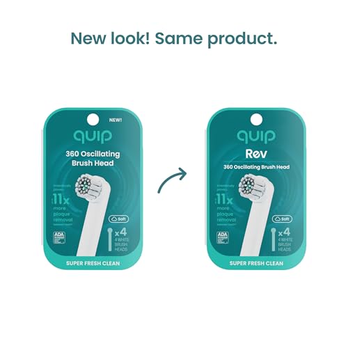 quip Rev 360 Oscillating Electric Toothbrush Heads - 4 Pack - Verified quip Brush Head Refills for Oscillating Toothbrushes - Soft Bristles, Dual-Length, Compact - Last 3 Months Each - White