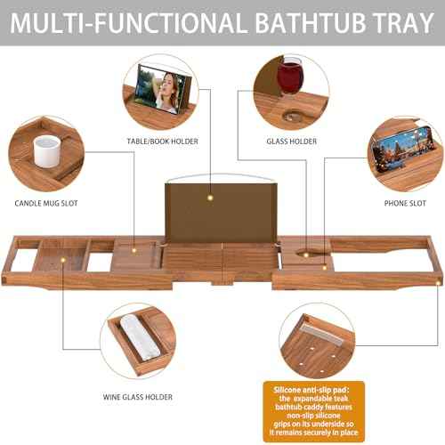 Premium Teak Bathtub Tray Caddy, Expandable Wooden Bath Tray for Tub,Luxury Bathroom Accessories,Great House Warming, Anniversary & Wedding and Birthday Gifts