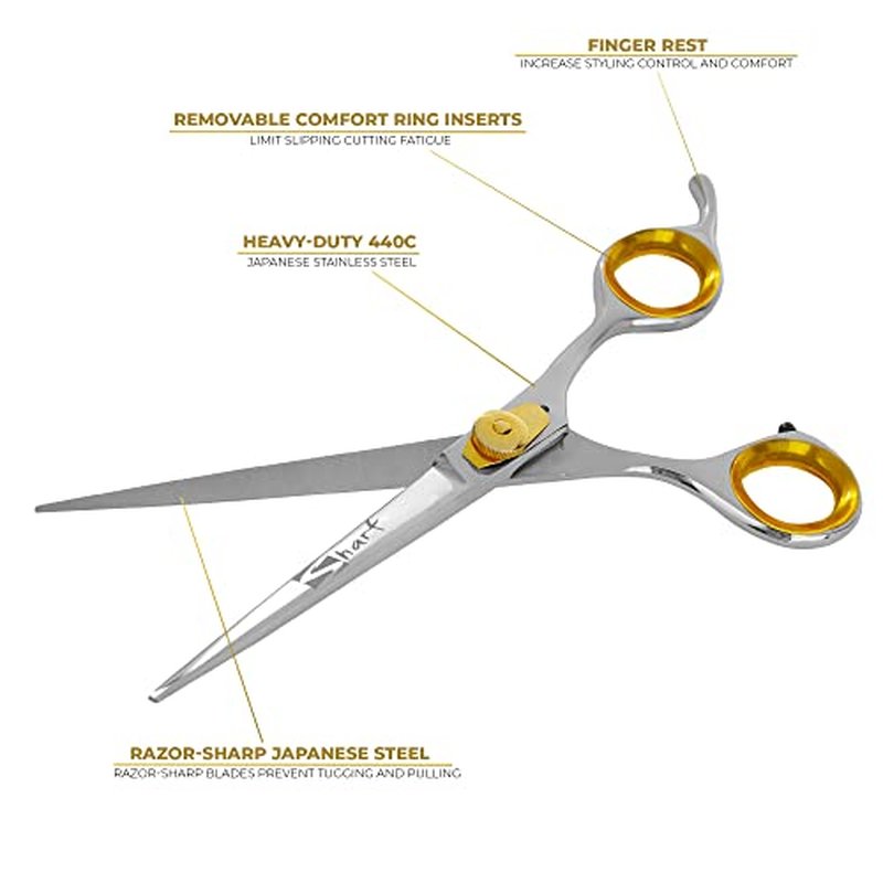 SHARF Gold Touch Barber 7.5 Inch, Professional Straight Shears 440c Japanese Stainless Steel Barber Scissors for Men and Women