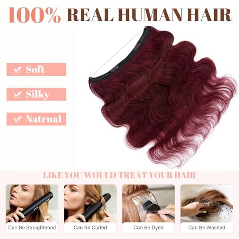 Rich Choices Halo Hair Extensions Real Human Hair Remy Hairs Halo Extension for Women Invisible Wire One Piece Clip in Hairpiece 18 Inch Wavy-#99J Burgundy Red