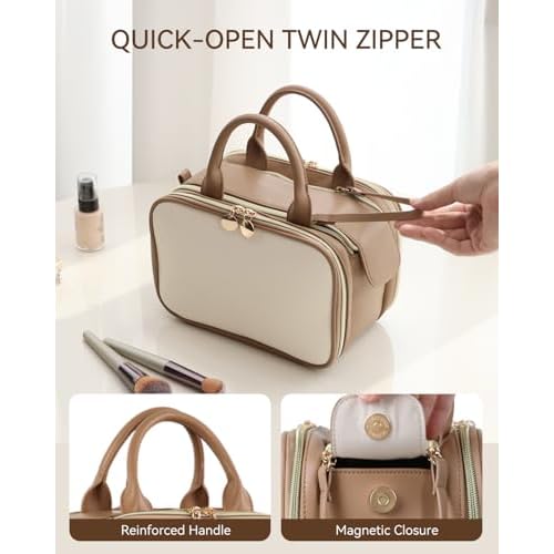 Prite Makeup Bag for Women, Large Capacity Waterproof Travel Cosmetic Organizer, Portable Open Flat Toiletry Bag with Free-standing Brush Holder and Handle(Beige Brown Large)