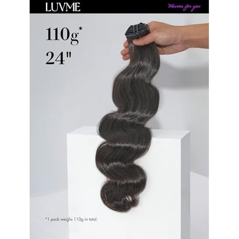 LUVME Body Wave Seamless 110g 7Pcs Clip in Hair Extensions Full Max with 16inch Remy Human Hair Extensions, Natural Black 100% Real Soft Hair