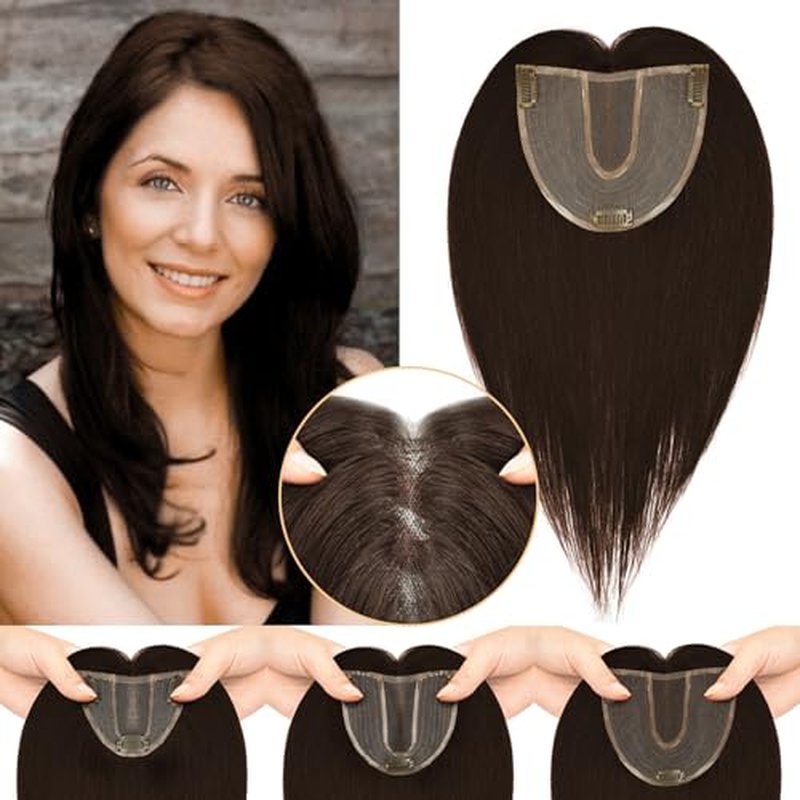 Large Coverage 5.1x5.9inch Hair Toppers for Women Real Human Hair No Bangs Swiss Base Wig Topper Womens Hair Topper for Thinning Hair 150% Density Remy Hair Wiglets #2