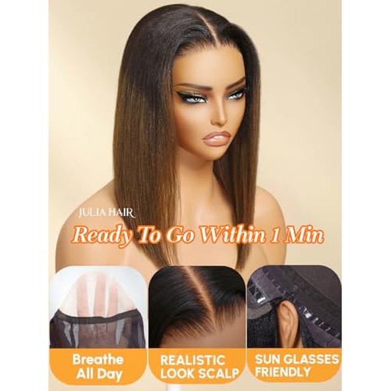 Julia Hair 10 Inch Light Yaki Bob Wigs Human Hair Glueless Bye Bye Knots 7x5 HD Pre Cut Lace Wig Chestnut Brown Ombre Human Hair Lace Closure Pre Plucked Bleached Invisible Knots Natural Hairline