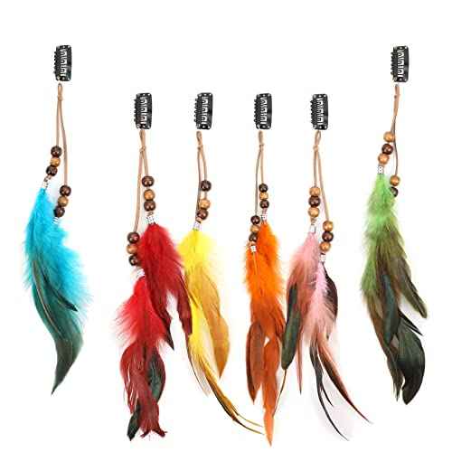 Boho Feather Hair Clips Hippie Hair Extensions 6 Pcs Indian Tribal Bead Gypsy Colorful Handmade Feather Tassel Headpiece Festival Cosplay DIY Present for Girl Women Hair Accessories