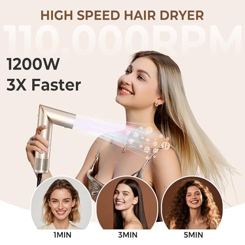 Ukliss 8 in 1 Hair Dryer Brush & Multi Hot Air Styler?Foldable 110,000 RPM Blow Dryer Brush Tool Set with Diffuser Auto-Wrap Curler for Fast Drying Curling Straightening Hair Daily Styling (1.25'')