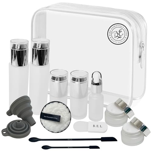 14 Pcs Travel Skincare Containers Set-TSA Approved Toiletry Bag & Glass Travel Bottles for Toiletries Pump, Spray & Dropper Bottles Travel Size Containers for Foundation, Serum Moisturizer Oil & Cream
