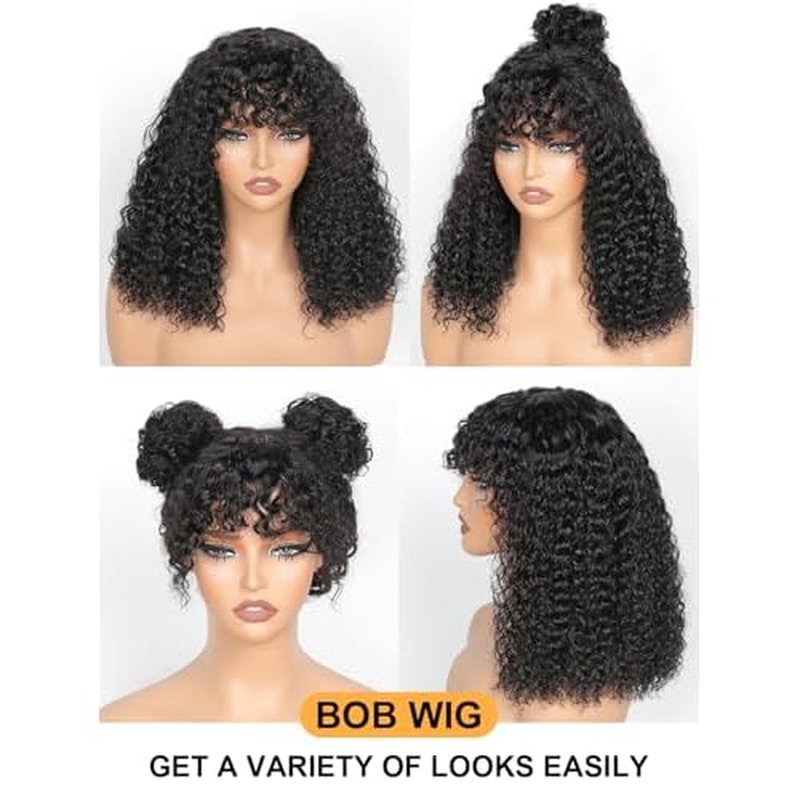Bob Wig with Bangs Human Hair Water Wave 2x4 HD Lace Closure Front Curly Wigs Human Hair Bang Wig 220 Density Glueless Wear and Go for Beginners 100% Brazilian Human Hair for Black Women 14 Inch