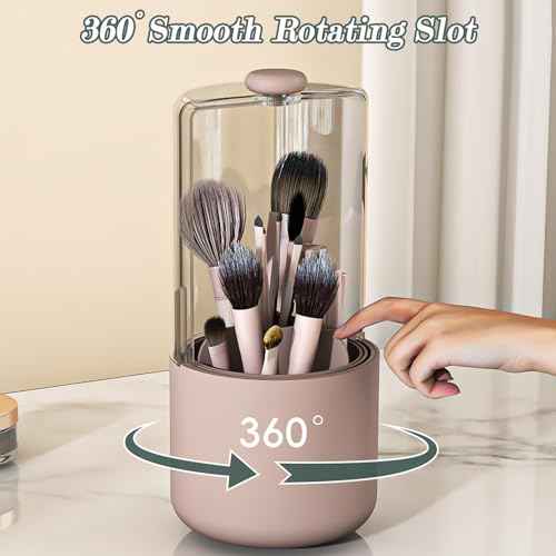 Makeup Brush Holder with Dustproof Cover, Clear 360 Rotating Make Up Brushes Organizer for Counter Vanity Bathroom, Pink