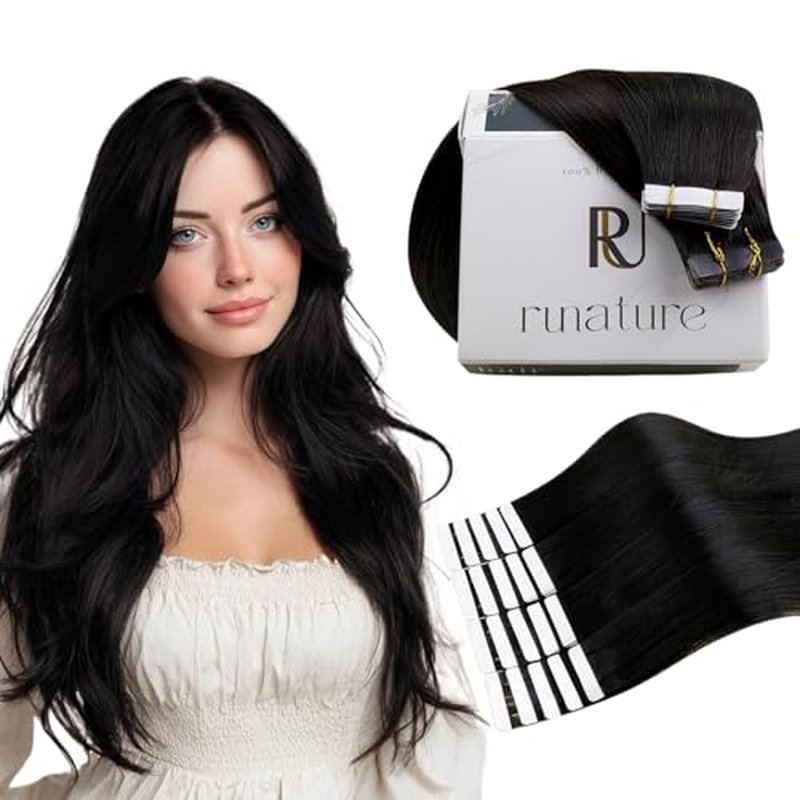 RUNATURE 26 Inch Tape in Hair Extensions Real Human Hair Black Tape in Extensions Human Hair Long Tape ins Black Hair Extensions Straight Remy Hair for Women Double Sided Hair Extension 50g 20pcs
