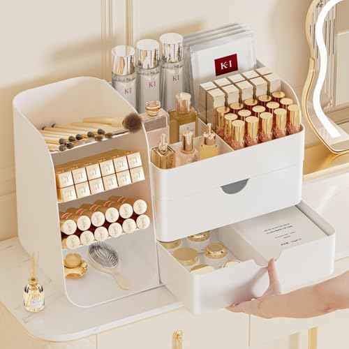 Makeup Organizer with Brush Holder for Vanity,Countertop Makeup Organizer with Drawers,Spacious Cosmetic Display Case,Perfect Storage Solution for Your Beauty Essential