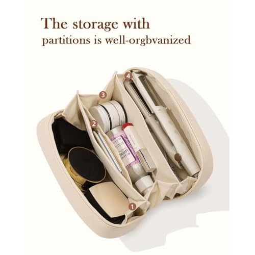 Pocmimut Makeup Bag,2 Pack Open Flat Small Makeup Pouch with Large Cosmetic Bag Travel Essentials Organizer with Divider,Beige