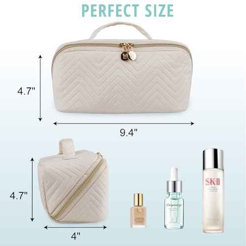 Makeup Bag Cosmetic Bag, Large Capacity Travel Makeup Bag for Women with Portable Pouch Open Flat Water-resistant Toiletry Organizer Bag with Handle (Beige)