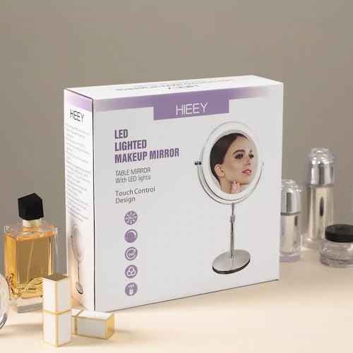 HIEEY Lighted Makeup Mirror with Magnification, 1x/10x Rechargeable 8" Lighted Mirror, 360¡Æ Rotation Touch Screen Vanity Mirror, Three Color Lighting Modes, Height Adjustable (Gift Box)