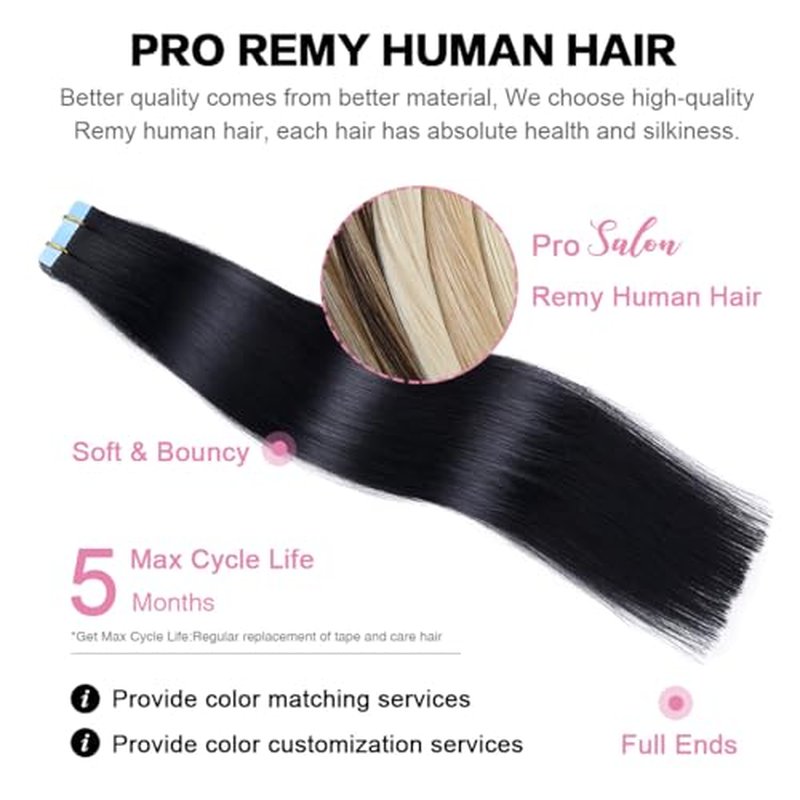 SUYYA Tape in Hair Extensions Human Hair Jet Black 26 Inch 60g/pack 20pcs Straight Seamless Skin Weft Tape in Real Human Hair Extensions(26inch #1 Jet Black)